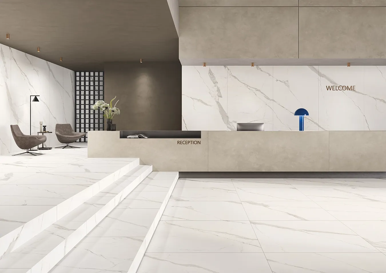 Roman style stairs in white marble effect porcelain tile, commercial reception area