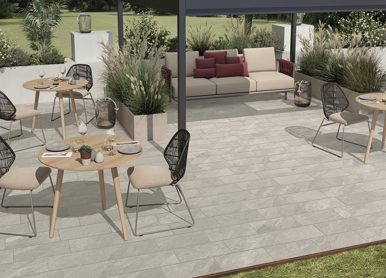 20mm thick porcelain tiles outdoor terrace installation with stone effect finish.