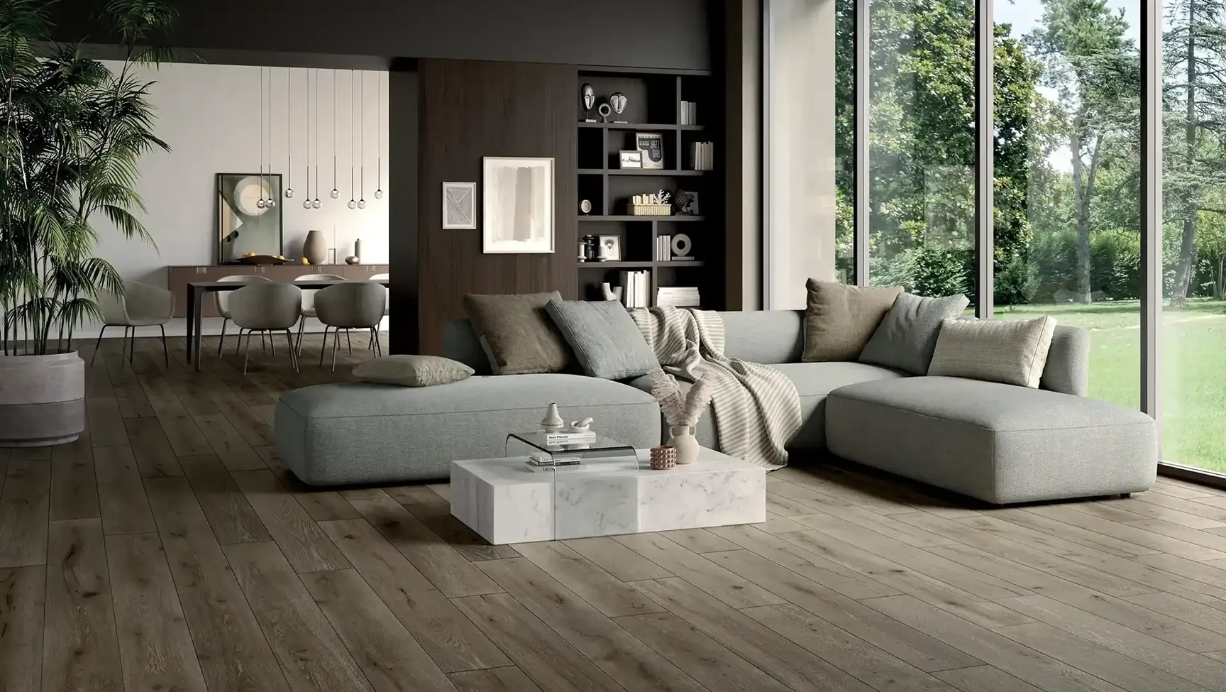 Living room with brown porcelain stoneware flooring.