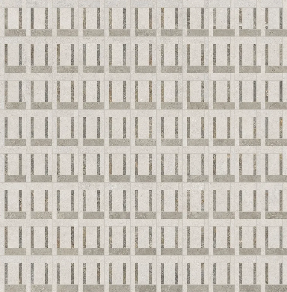 Piastrelle Art Déco in gres porcellanato grigio chiaro in posa dritta con inserti rettangolari a cornice scalare