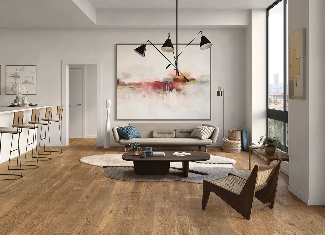 Zeitgemäßes Wohnzimmer mit Fliesen Holzoptik Feinsteinzeug natürliche Töne.