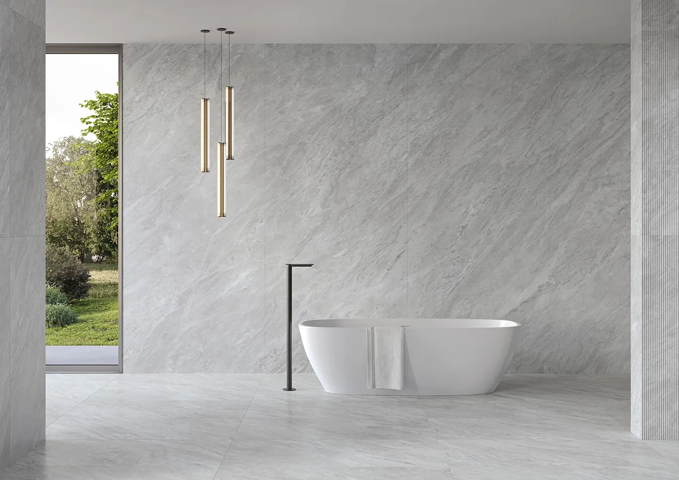 Grey marble effect bathroom floor and wall tiles.