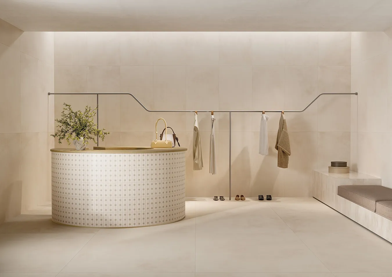 Modern dressing room featuring neutral terracotta effect ceramic tiles on both floors and walls in minimalist interior.