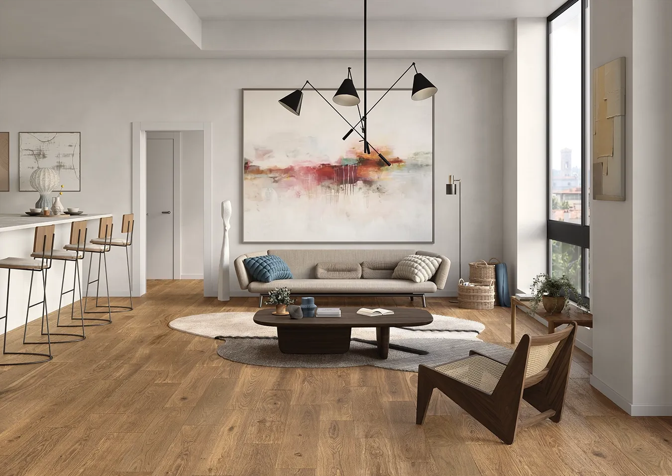 Spacious living room and entryway featuring warm wood look tiles.