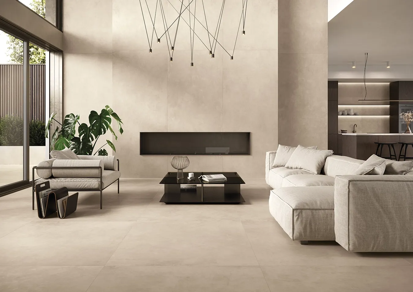 Baldosas de suelo y pared efecto cemento mate en beige creando espacio contemporáneo con mobiliario moderno.