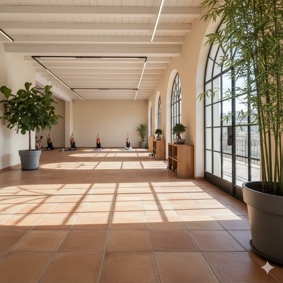 Amplio estudio de yoga con baldosas de gres porcelánico efecto terracota y abundante luz natural.