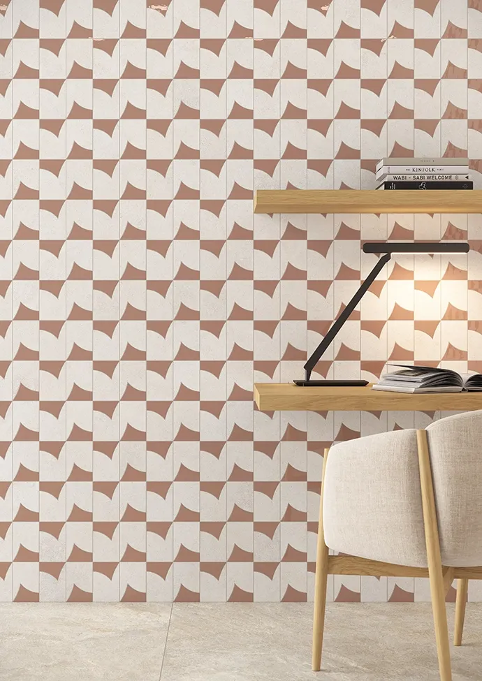 Piastrelle Art Déco in gres porcellanato bianco e terracotta con motivo geometrico a ventaglio