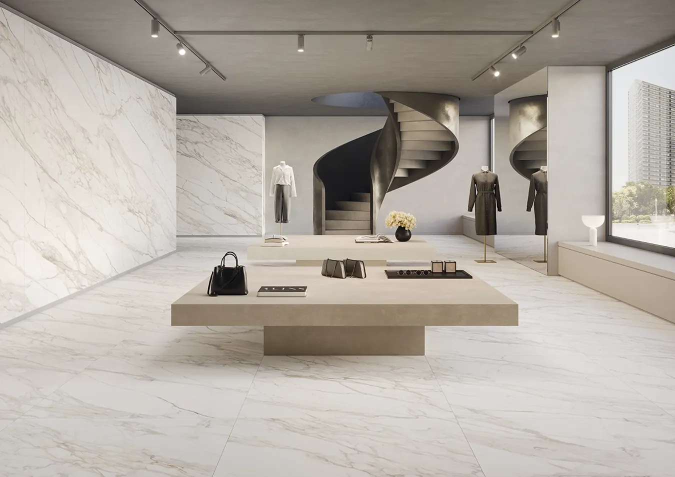 Silky white marble look porcelain tile floor and wall tiles in a luxury commercial space with spiral staircase
