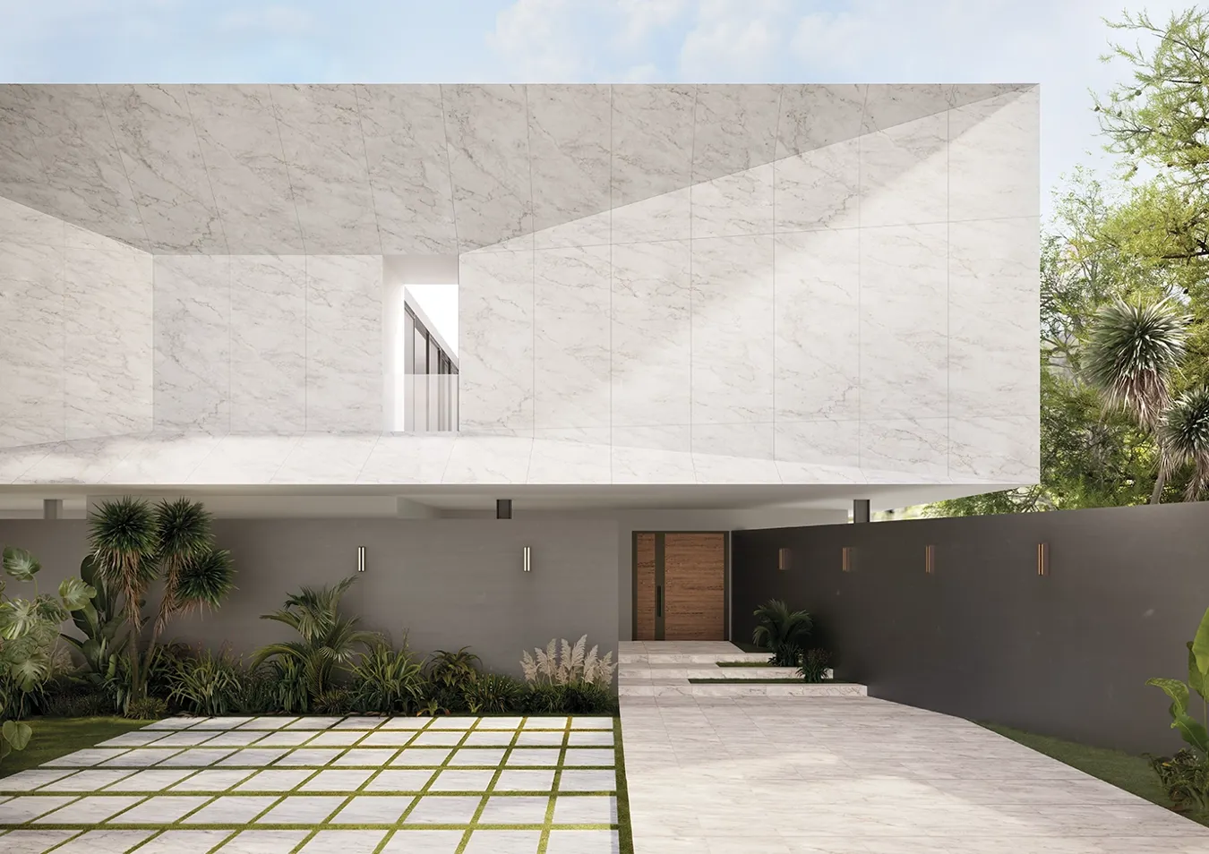 Baldosas de gres porcelánico efecto mármol blanco en grandes formatos para fachada exterior y suelo outdoor