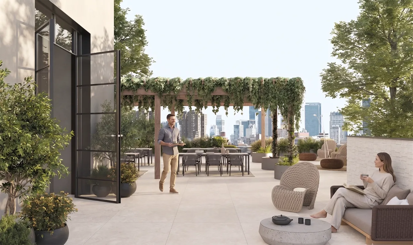 Heat-resistant, large-format travertine-look porcelain pavers on a rooftop terrace