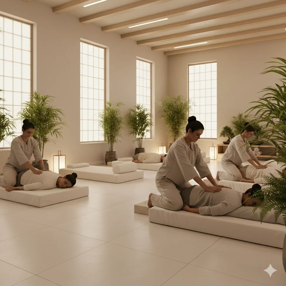 Estudio de yoga tranquilo con baldosas de gres porcelánico efecto terracota y decoración wellness minimalista.