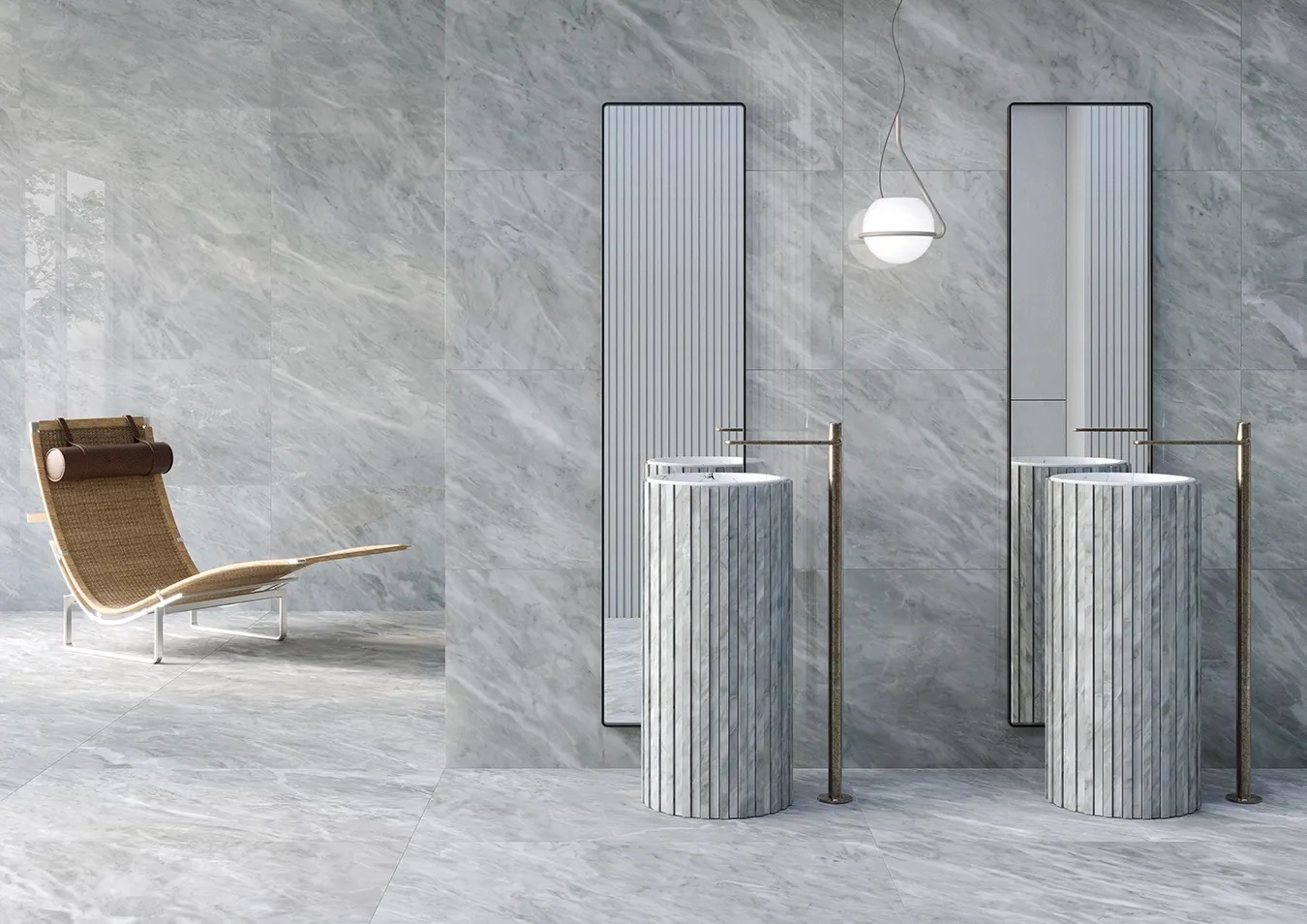 Grey marble-effect porcelain stoneware on bathroom walls and cylindrical sinks