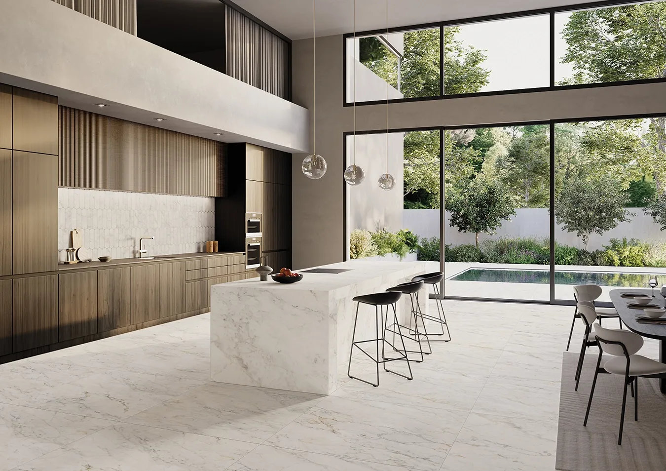 Isla de cocina minimalista con baldosas efecto mármol blanco y suelo coordinado.